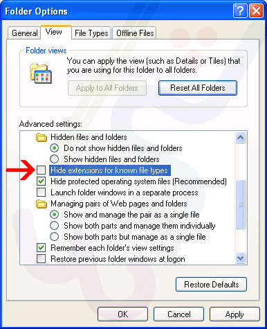  نمایش پسوند فایلها در ویندوز xp و 7